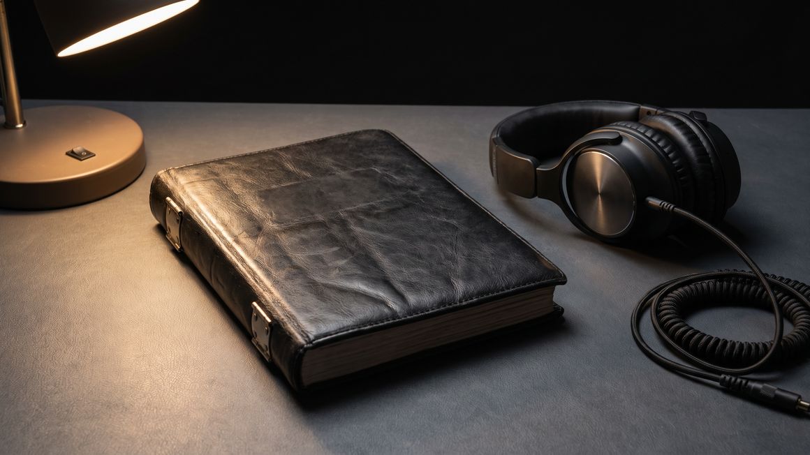 A pilot logbook and aviation headset on a desk under a single lamp
