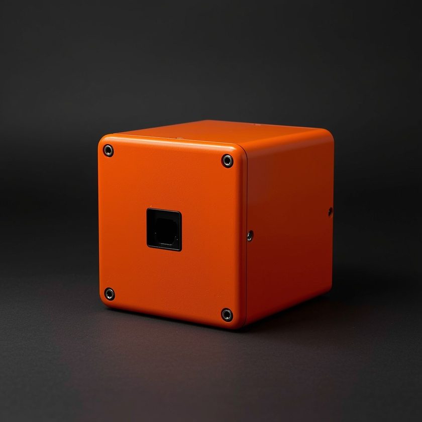 A flight data recorder housing photographed on charcoal: an international-orange painted steel cube with recessed hex bolts at each corner and a single dark square aperture on its front face.