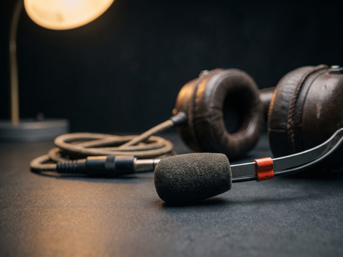A general-aviation headset on a charcoal desk under one warm lamp, the boom microphone in sharp focus with a small international-orange clamp